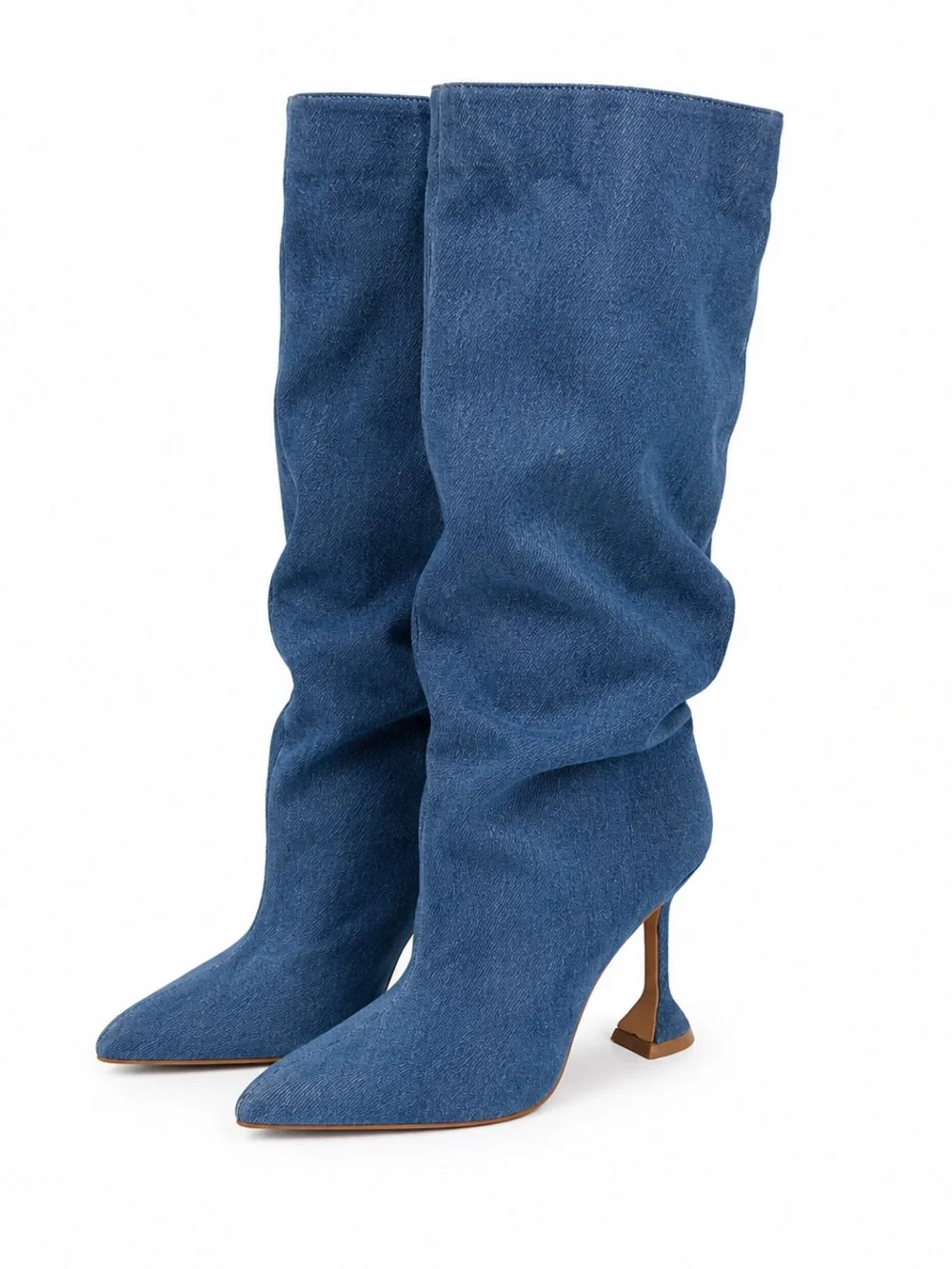 Blue denim half-calf boots with pointed toe